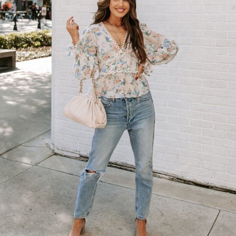 MALAIA FLORAL CROCHET PEPLUM TOP - IVORY MULTI - Picture 6 of 7